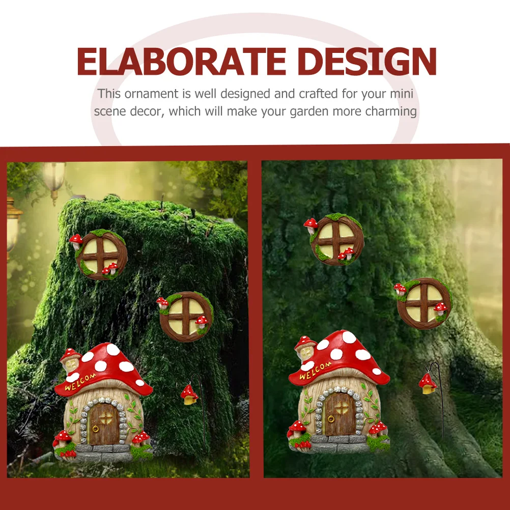 

4Pcs Luminous Mushroom House Hanging Decor for Trees Resin Fairy Door and Window Set Garden Night Light Decoration Outdoor Yard