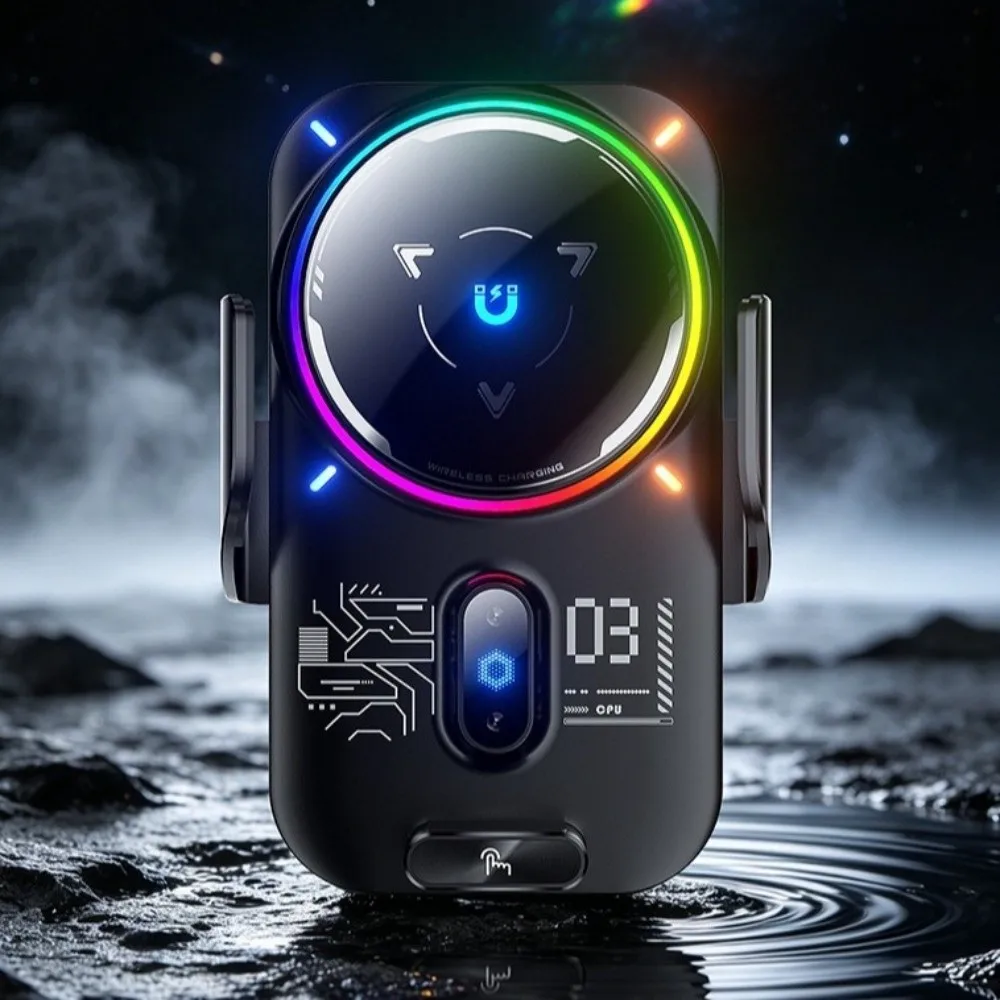 Magnetic Wireless Car Charger Fast Charging 15W/25W Car Phone Mount Charger Automatic Cooling RGB Ambient Light