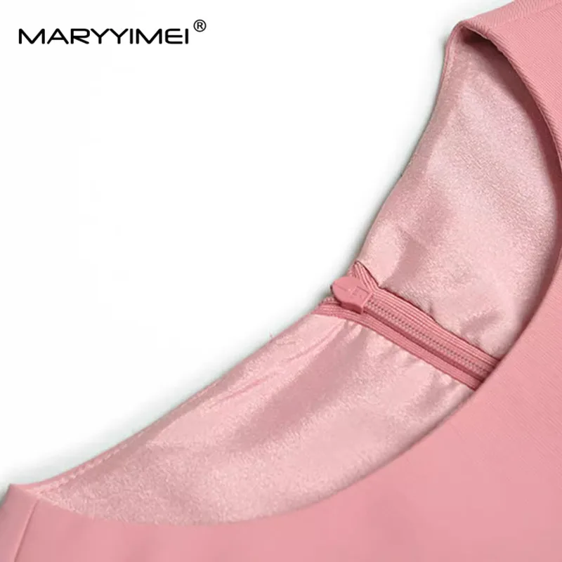 MARYYIMEI Fashion Women\'s New High Quality Short-Sleeved Pleated Patchwork Studded Diamond Elegant Split Hip Wrap MIDI Derss