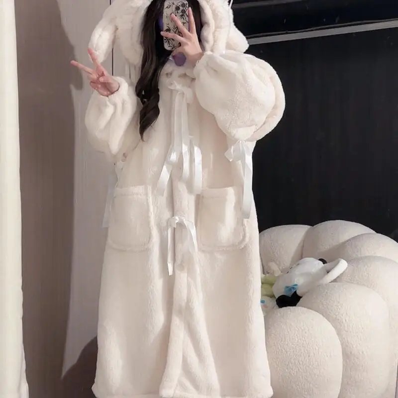 

Женская одежда, зимние пижамы, милый халат из кораллового флиса, утепленный свободный халат средней длины на флисовой подкладке, сохраняет тепло носить на выход