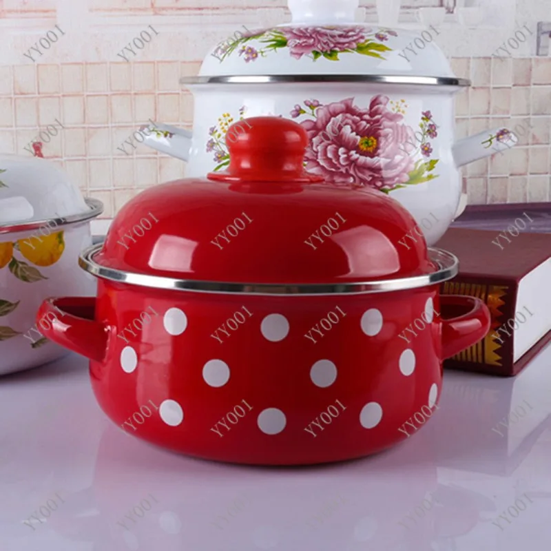 16/18/20CM Double Ears Speckled Stew Pot Porcelain Enamel Soup Bowl With Lid Induction Cooker