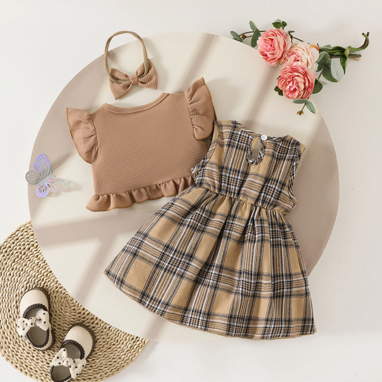 3Piece Sets Summer Baby Girl Clothes Fashion Plaid Cute Bow Cotton Tops+Sleeveless Princess Dress+Hair Band Newborn Items B106