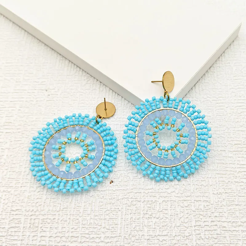 ZGMXR Rice bead earrings Crystal Circle Recessed design Hand-woven Alloy Woman Bohemia Fashion Simple Beaded earrings