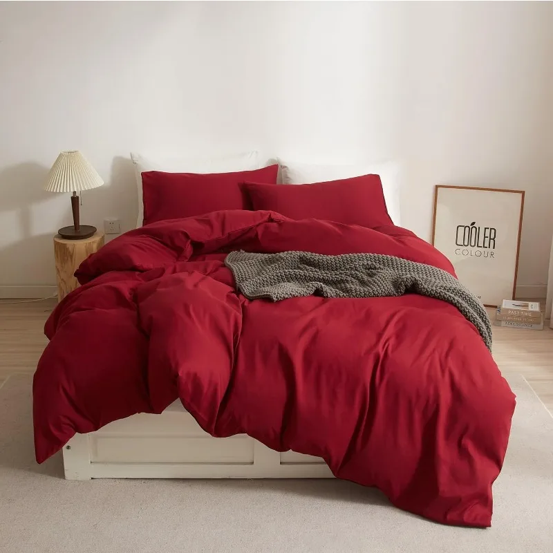 

Duvet Cover Queen Washed Brushed Microfiber Full/Queen 3pc Solid Modern Burgundy Bedding Duvet Cover Set