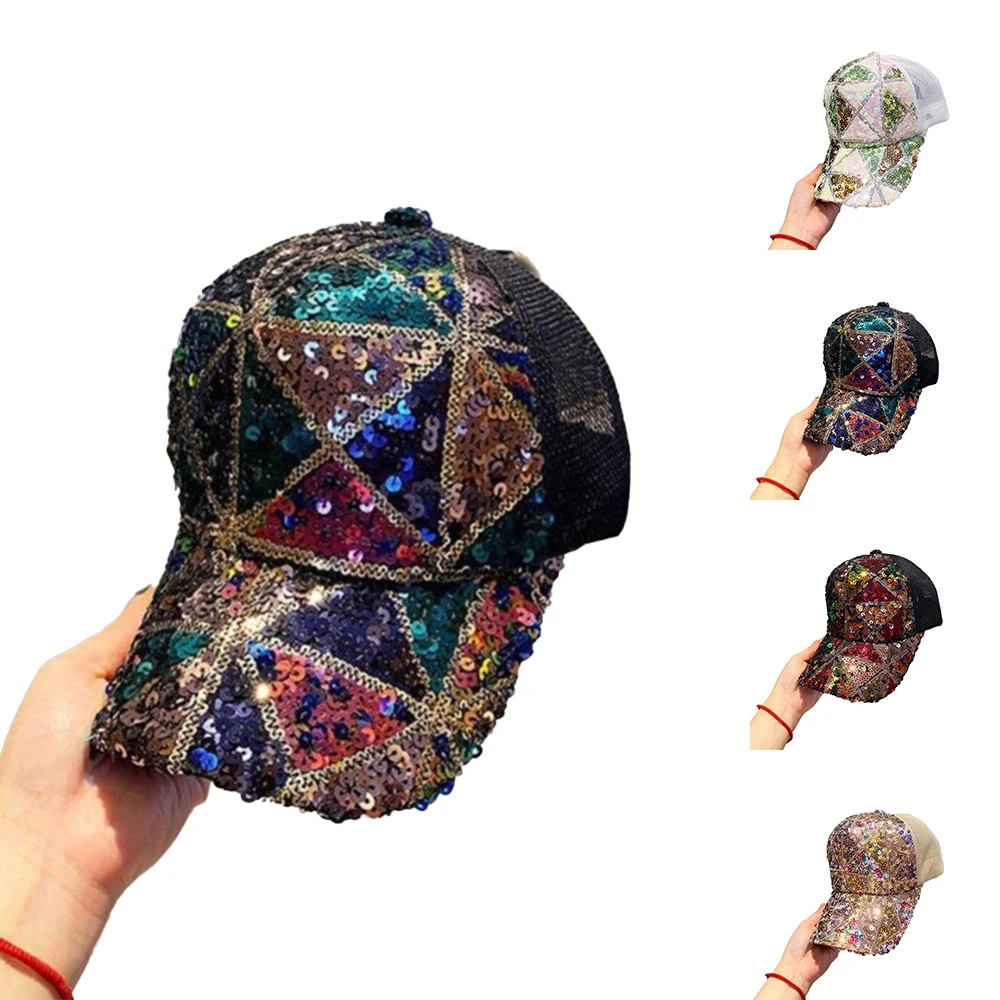 Fashion New Baseball Hat Sparkly One Size Unisex Adjustable All Seasons Bling Breathable Cap Mesh Ponytail Rhinestone