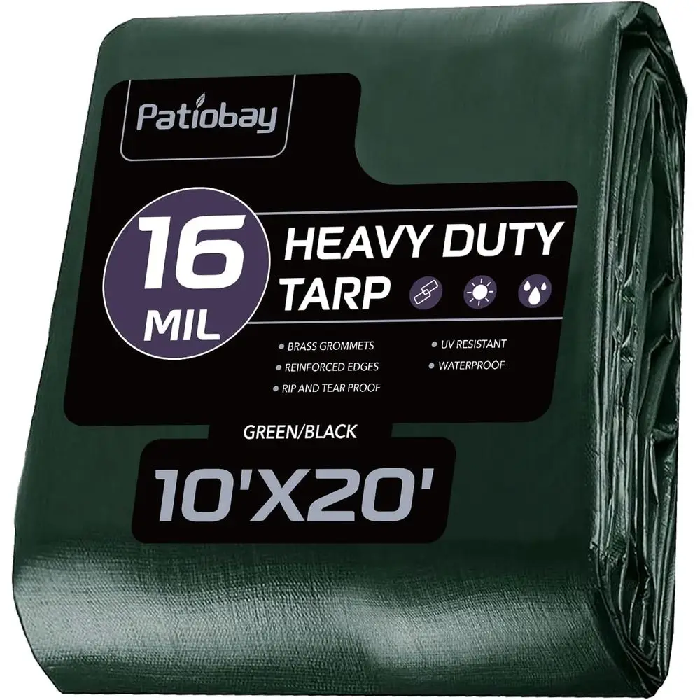 

Тент 10x20 футов, 16 мил, большой водонепроницаемый тент повышенной прочности с латунными люверсами, толстый пластиковый тент, устойчивый к УФ-излучению и разрывам