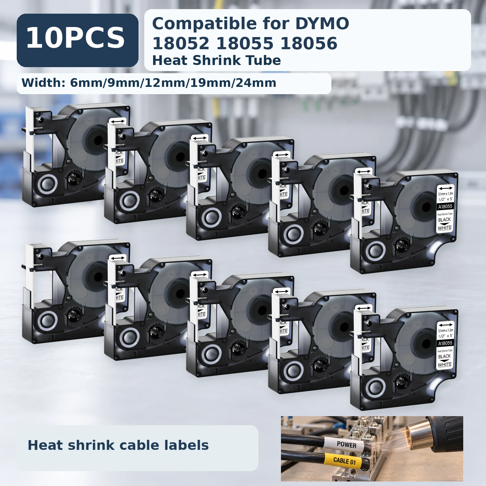 3-10PK 18055 Heat Shrink Tube Label Compatible for DYMO Rhino A18055 18056 Industrial Cable Identification for Rhino 4200 5200