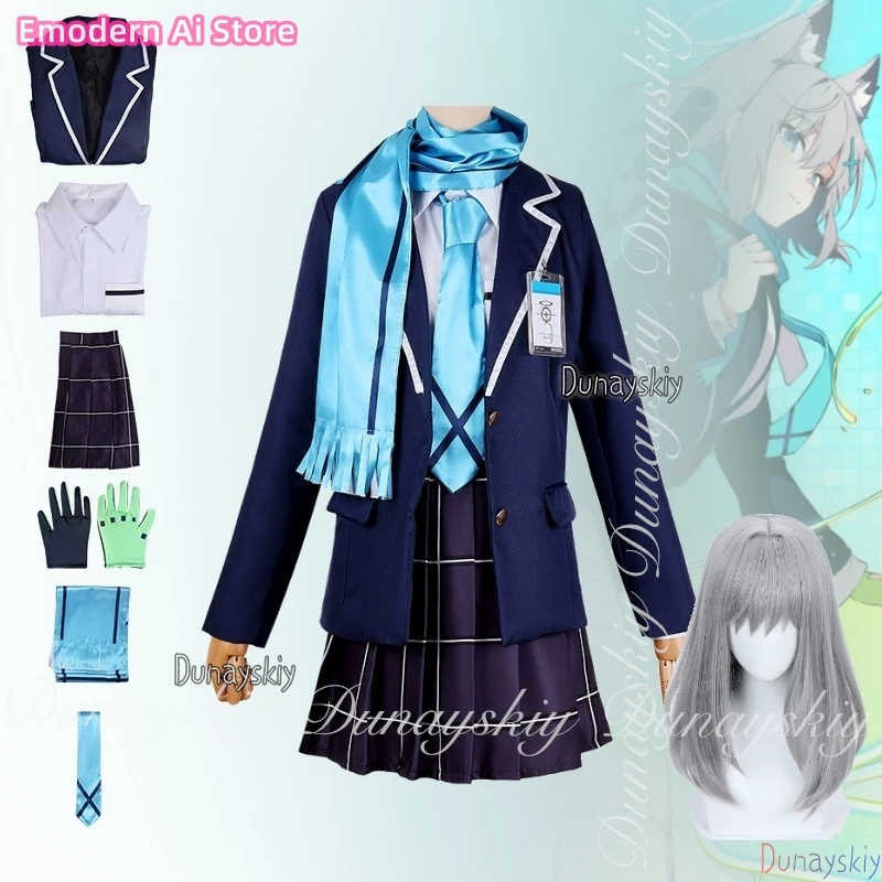

Blue Archive Game Sunaookami Shiroko Cosplay With Blue JK Uniform With Silver-gray Medium-length Wig Cosplay Of Set