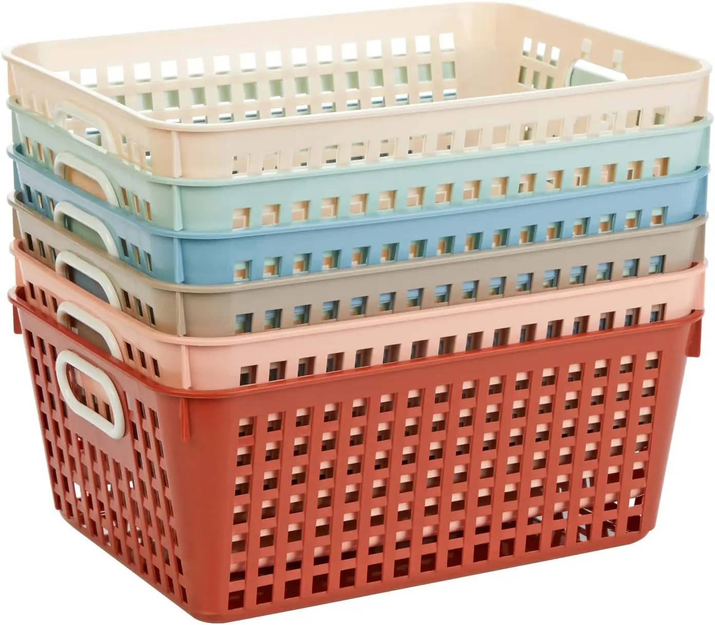 666014 Plastic Storage Baskets for Classroom or Home Use – Stackable Mesh Plastic Baskets with Grip Handles