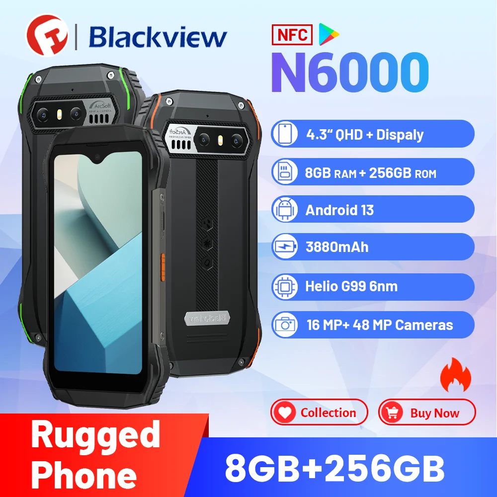 Blackview N6000 Rugged Phone Global Version , (8GB+ 8GBExpansion)+256GB ,48MP,3880mAh ,Android 13, Helio G99 Smartphone