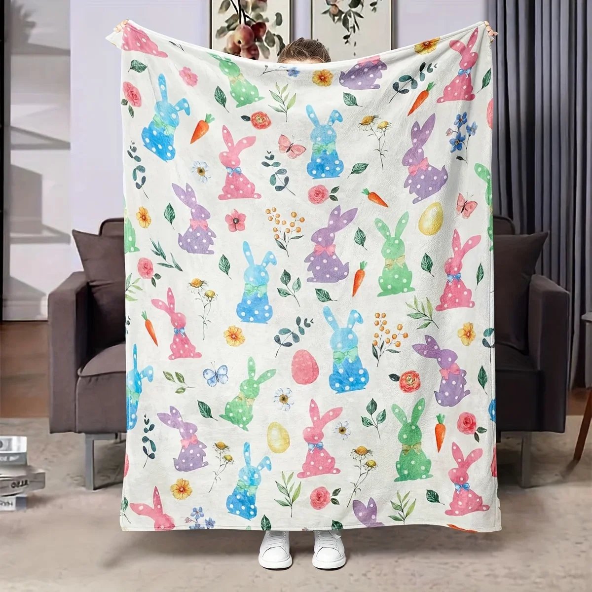 Easter Bunny Watercolor Flannel Blanket 2D Single Print Festive Home Decor Couch Throw Soft Functional Holiday-Themed Attractive