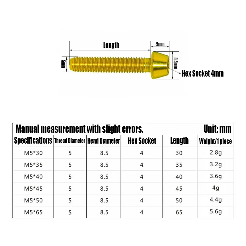 1PCS Titanium Alloy Screw Bolt TC4 M5x30/35/40/45/50mm Hex Socket Taper Head Screw Bicycle Oil V-brake Reinforcement Plate Screw