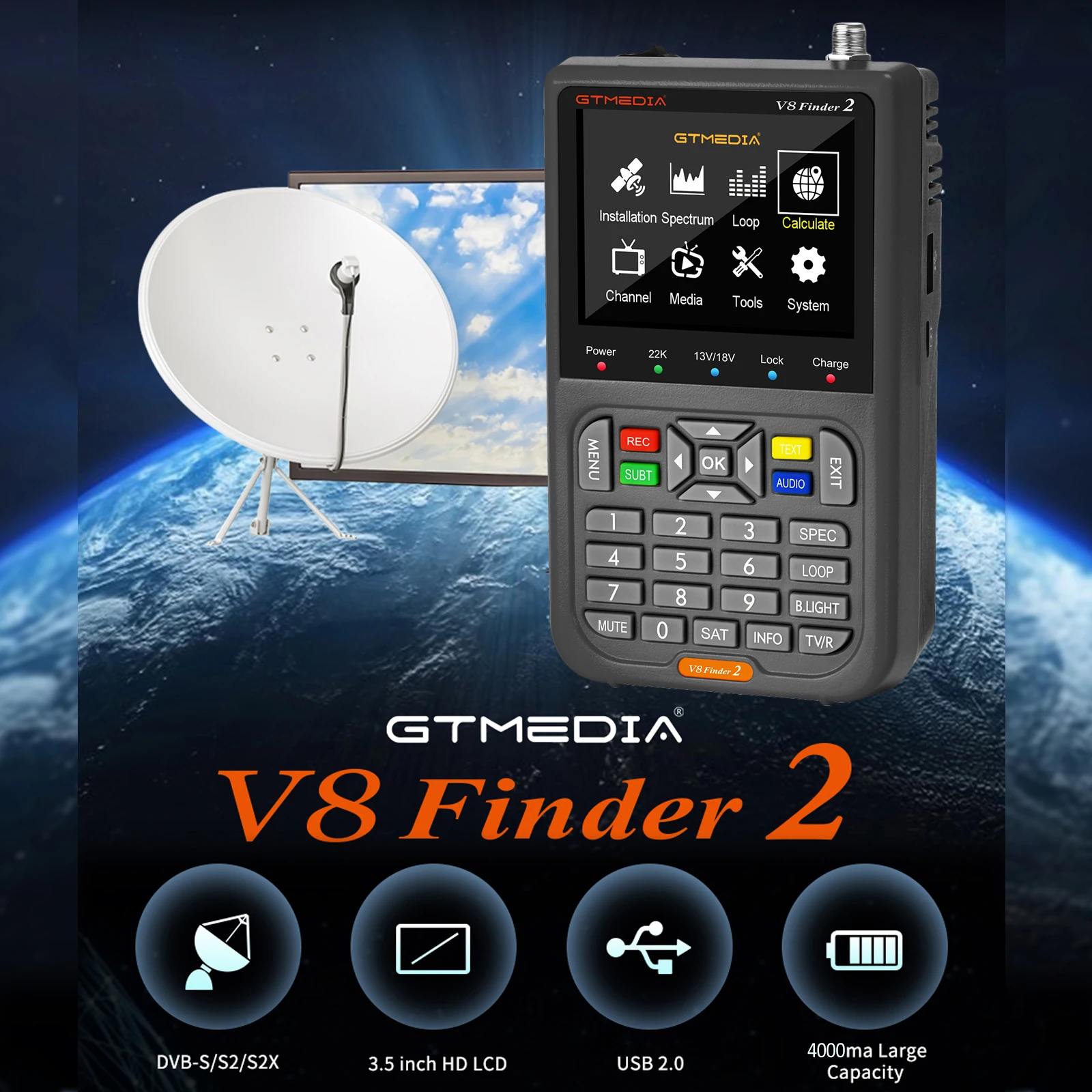 GTMEDIA V8 Finder 2 Misuratore di segnale TV DVB-S/S2/S2X Ricevitore di segnale LCD da 3,5 pollici Dispaly H.264 Calcolazione automatica dell'angolo 4000mAh