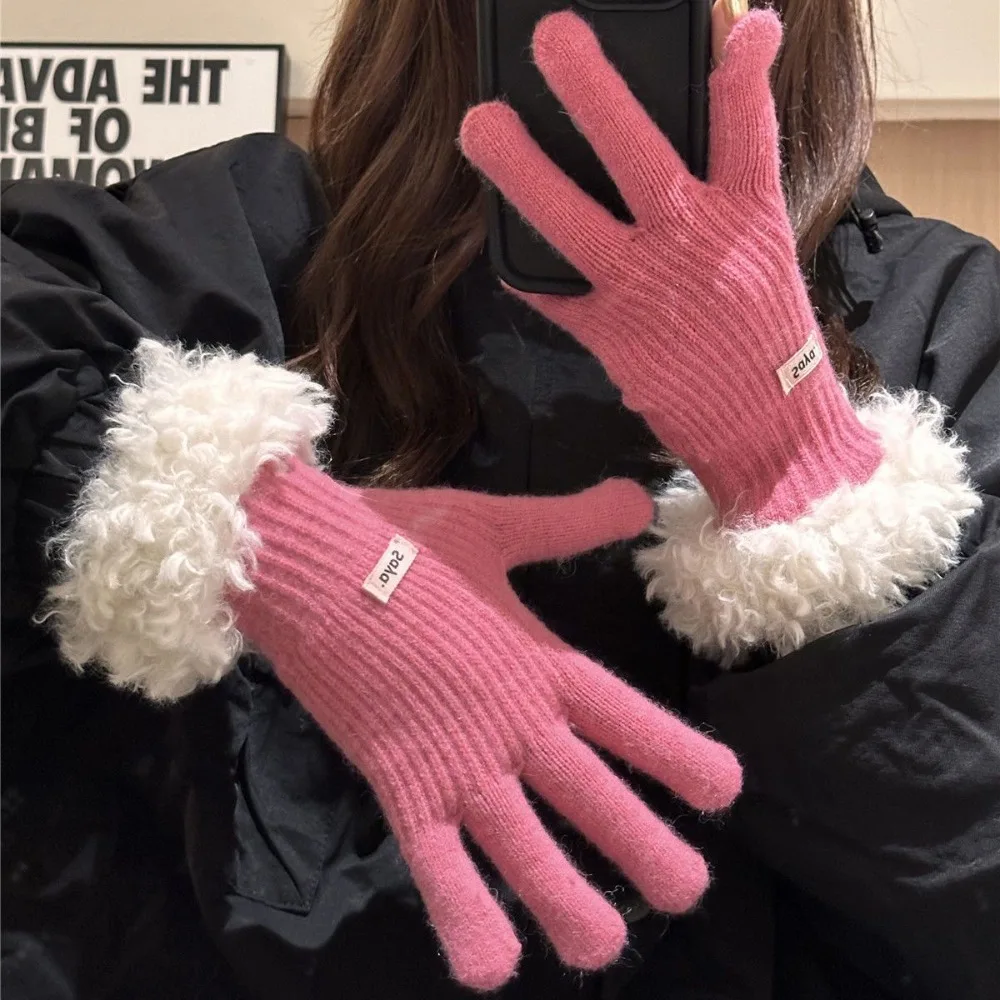 Simple Finger-splitting Plush Edges Gloves Keep Warm Knitted Lamb Wool Gloves Full Finger Windproof Touch Screen Gloves Riding