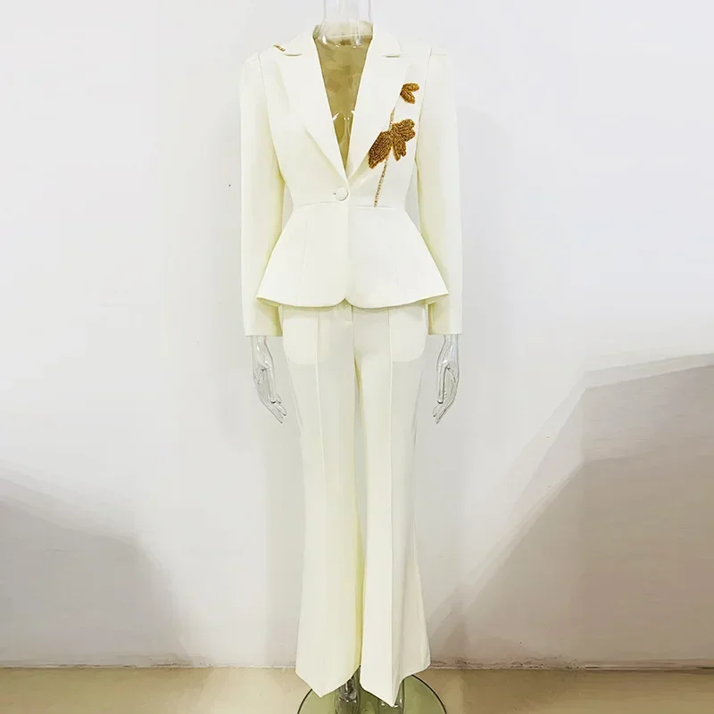 Conjunto de ternos brancos elegantes femininos, blazer e calças, senhora do escritório, roupas de negócios, scaps de casamento, vestido de baile, primavera, feminino, 2 peças