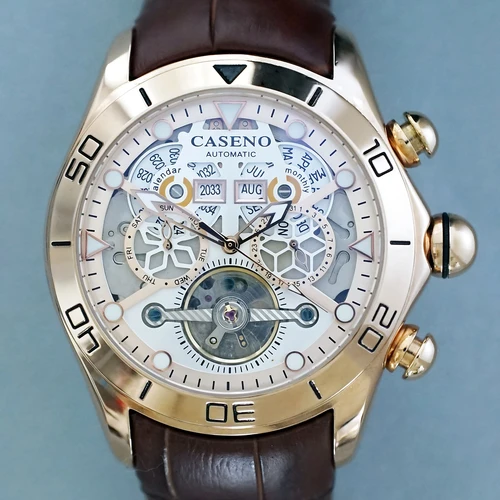 Marca CASENO, calendario perpetuo de burbujas, tourbillon completamente automático, reloj mecánico con Esfera Grande, reloj con correa-58284G