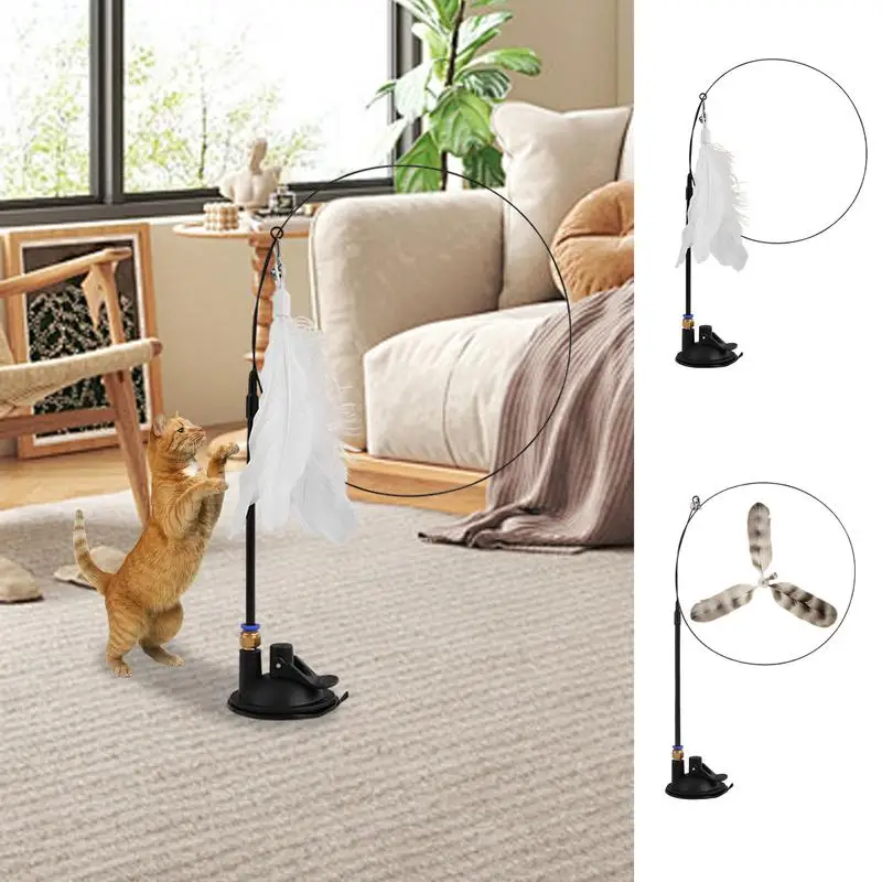 Cat Toys Feather Toy Auto Interactive Cat Toys With Bell Realistic Colorful Feathers On Wand Self-Holding Suction Base For