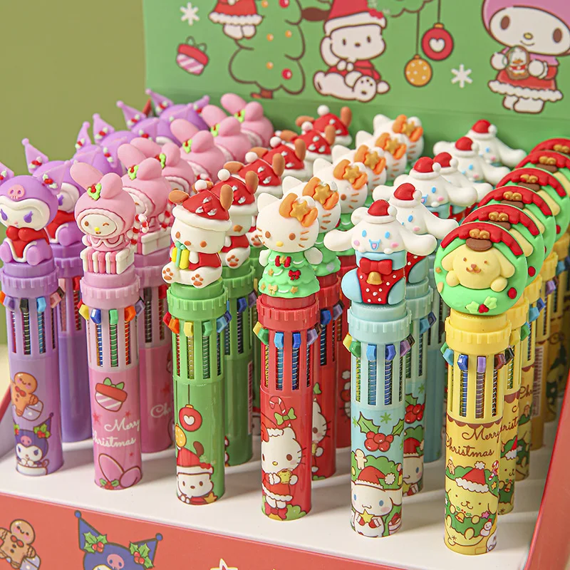 6/36pcs Christmas Sanrio Ten-Color Ballpoint Pen 0.7mm Multi-Color Press Account Pen Student Color Key Marker Stationery Gift