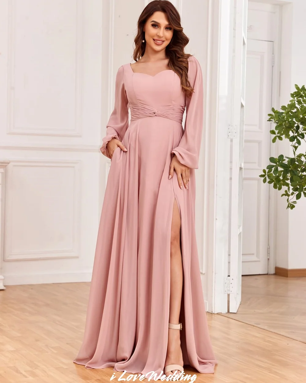 Women Long Sleeve Bridesmaid Dresses 2025 Chiffon Side Split A-Line Pocket Ruched Evening Dress Wedding Guest Dresses Customized