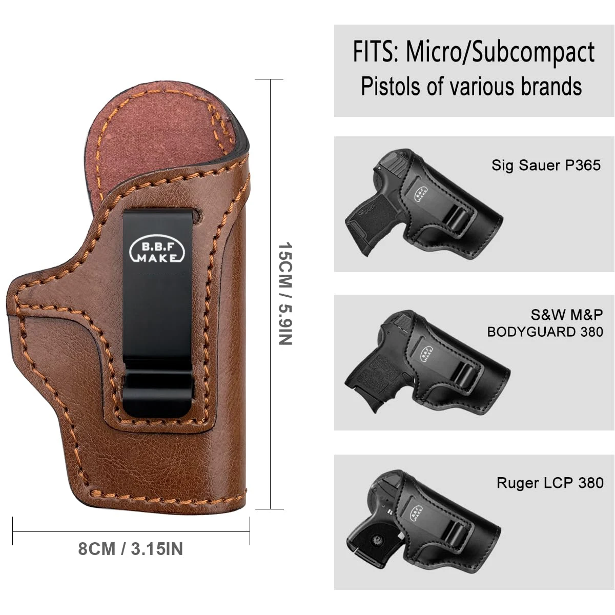 IWB Leather Gun Holsters for Small Pistols : Ruger LCP380 LCP II Sig Sauer P365 P238 P938 Walther PPK 380 CCP S&W Bodyguard 380