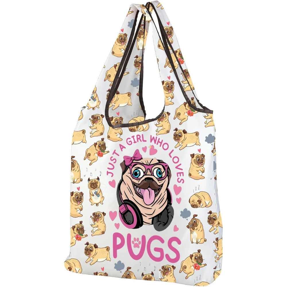 Pug Dog Folding Tote Bag Dog Lover Gift for Women Girls Cute Puppy Dogs Reusable Grocery Bag Gift for Pug Owner Mom