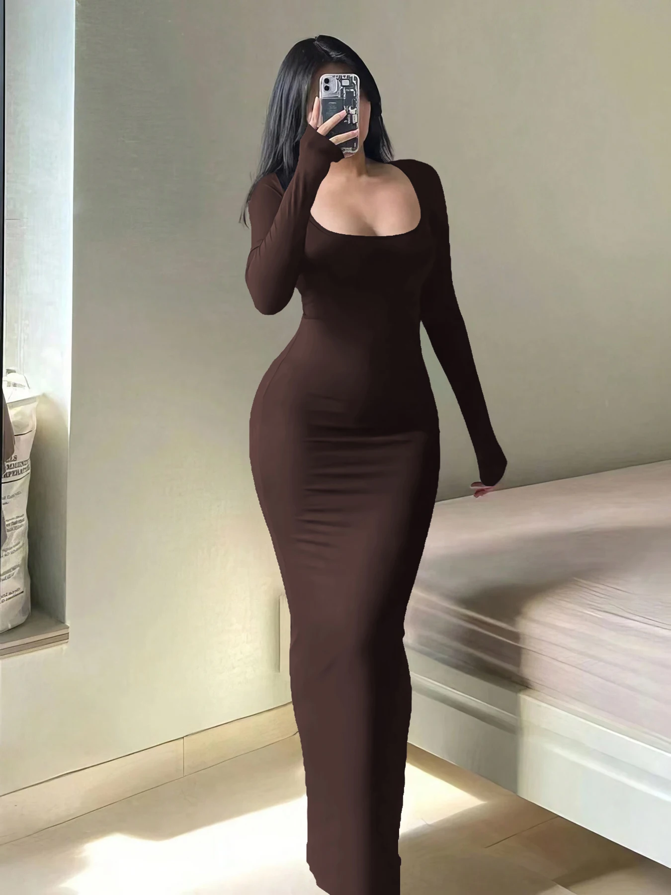 Effen bodycon-jurk met lange mouwen voor dames, chique basic minimalistische casual mode lange jurk met ronde hals, dameskleding