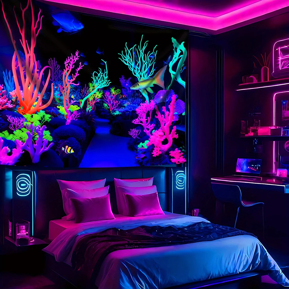 1pc UV Blacklight Neon Underwater Coral Reef Tapestry, Glow in the Dark Aquarium Wall Hanging for Bedroom Living Room Party
