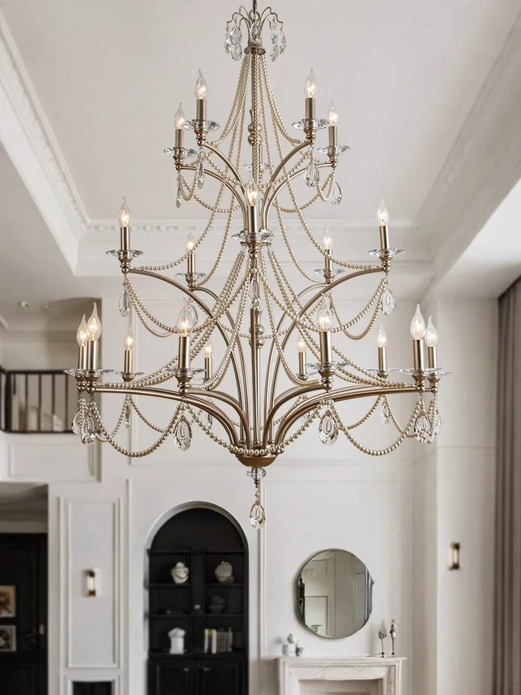 Duplex building American loft villa empty living room lamps double pearl crystal stair chandelier