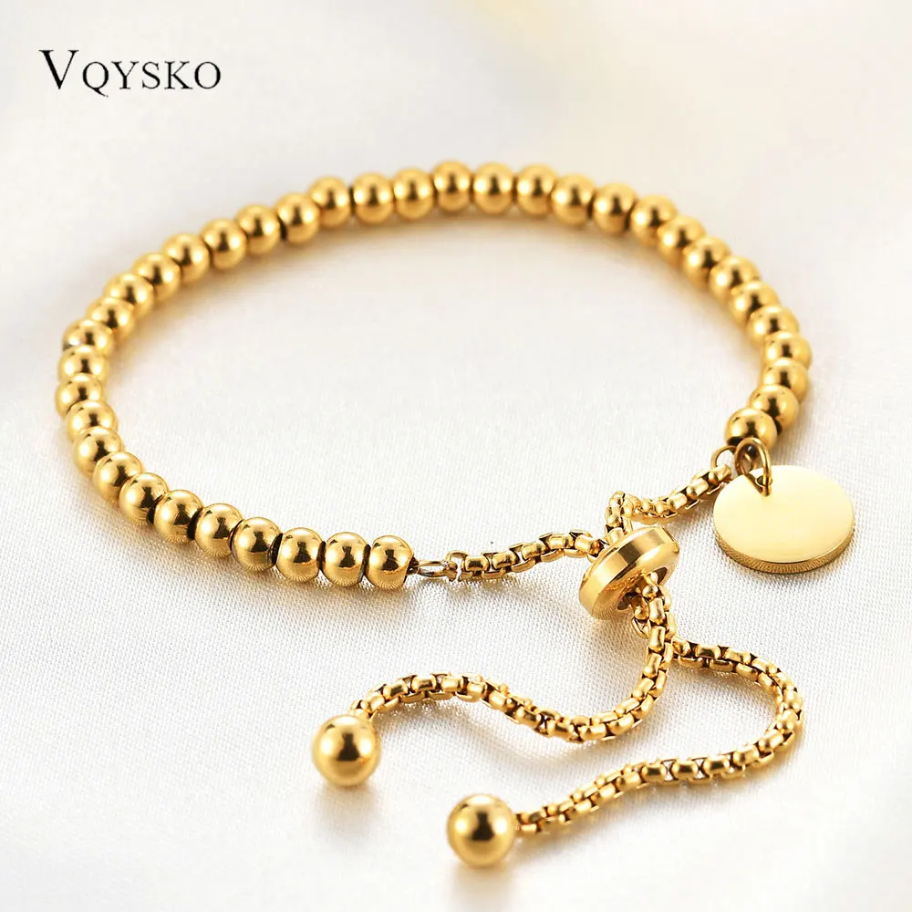 Exquisite 18K Gold Stainless Steel Bracelet for Women Minimalist Circular Hang Tag With Adjustable Round Bead Bracelet Jewelry