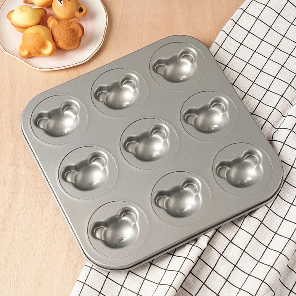 9 Cavity Bear Shaped Muffin Pans Non-Stick Madeleine Mold Cake Pan Cute Bear Bakeware DIY Biscuit Candy Mould Baking Supplies