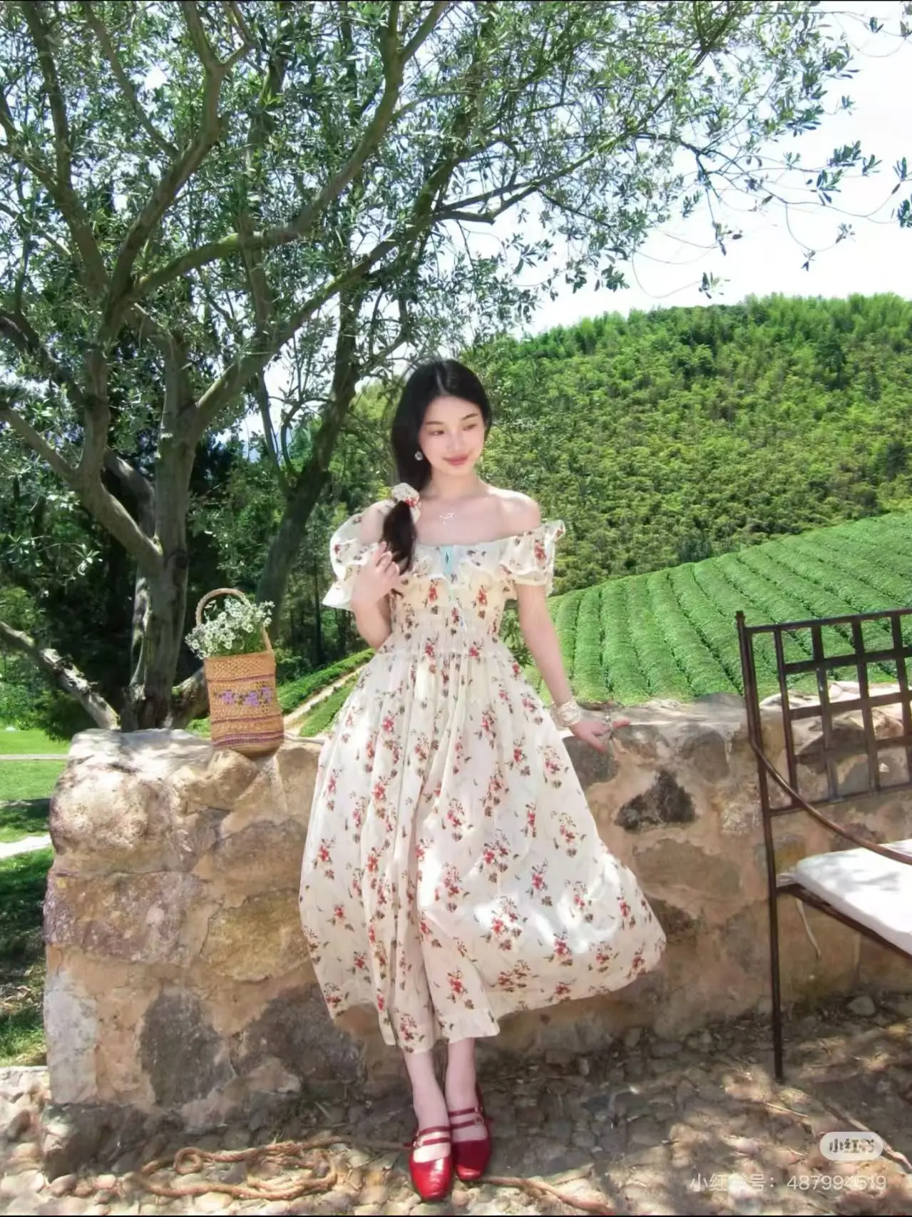 26 Summer Women printed Dress Flutter Sleeve V-neck Lotus Leaf Edge Waist Strap Midi Robe