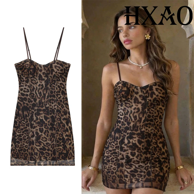 

HXAO Slip Leopard Women's Dress Corset Mesh Mini Dress Vintage Animal Print Party Dresses Summer Bodycon Backless Sexy Dress
