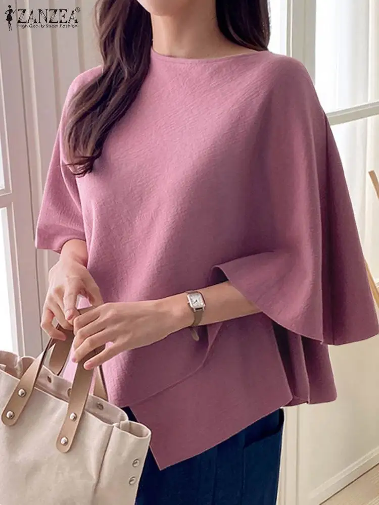 Women Fashion Blouse Casual 3/4 Sleeve Ruffle Hem Shirt ZANZEA 2024 Summer Round Neck Blusa Elegant Loose Irregular Work Tunic