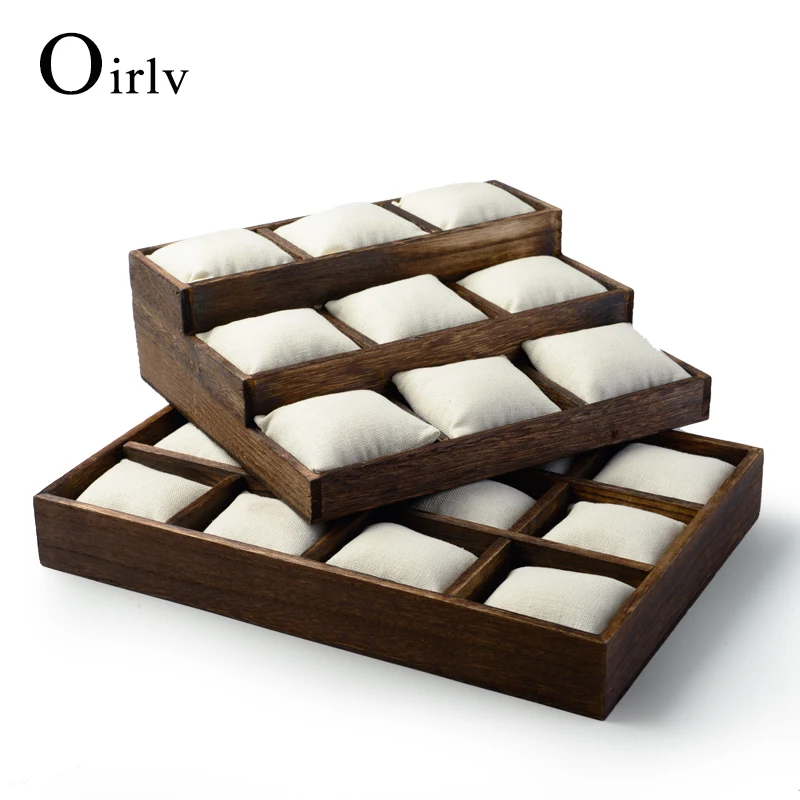 Oirlv Vintage Wooden Jewelry Display Tray For Bangle Bracelet Watch Holder With Linen Pillow for Shop Counter Jewelry Organizer