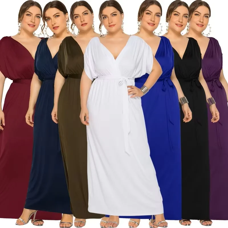 

Plus Size Women Dress Elegant Summer Sexy Solid Color Dresses Short Sleeve Deep V-Neck 4XL Casual Dress High Waist Evening Dress