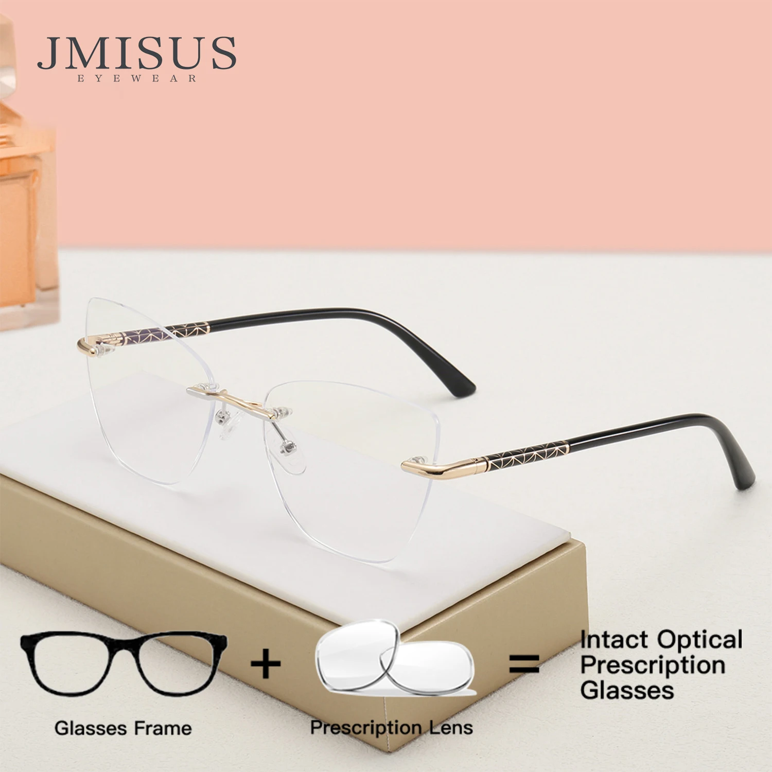 

JMISUS Cat Eye Rimless Prescription Glasses Women Metal Custom Butterfly Optical Eyeglass for Anti Blue Light Photochromic