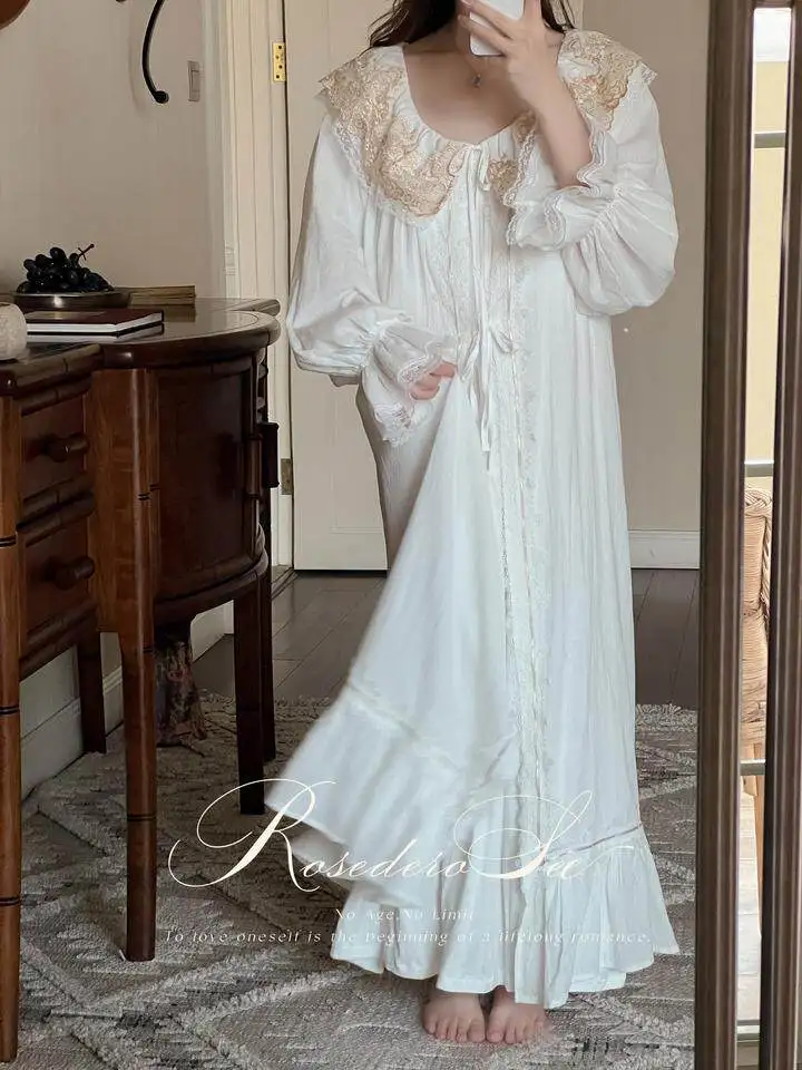 Women Long White Dressing Gown Long Sleeve Cotton Nightgown Sleepwear Loose Beautiful Soft Nightdress Loungewear Morning Robe