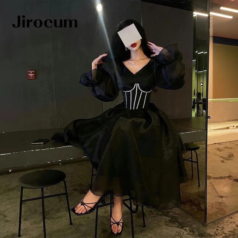 

Jirocum вечернее платье с v-образным вырезом и пышными рукавами, женское черное вечернее платье для выпускного вечера, трапециевидное платье по индивидуальному заказу, арабские платья для торжественных случаев