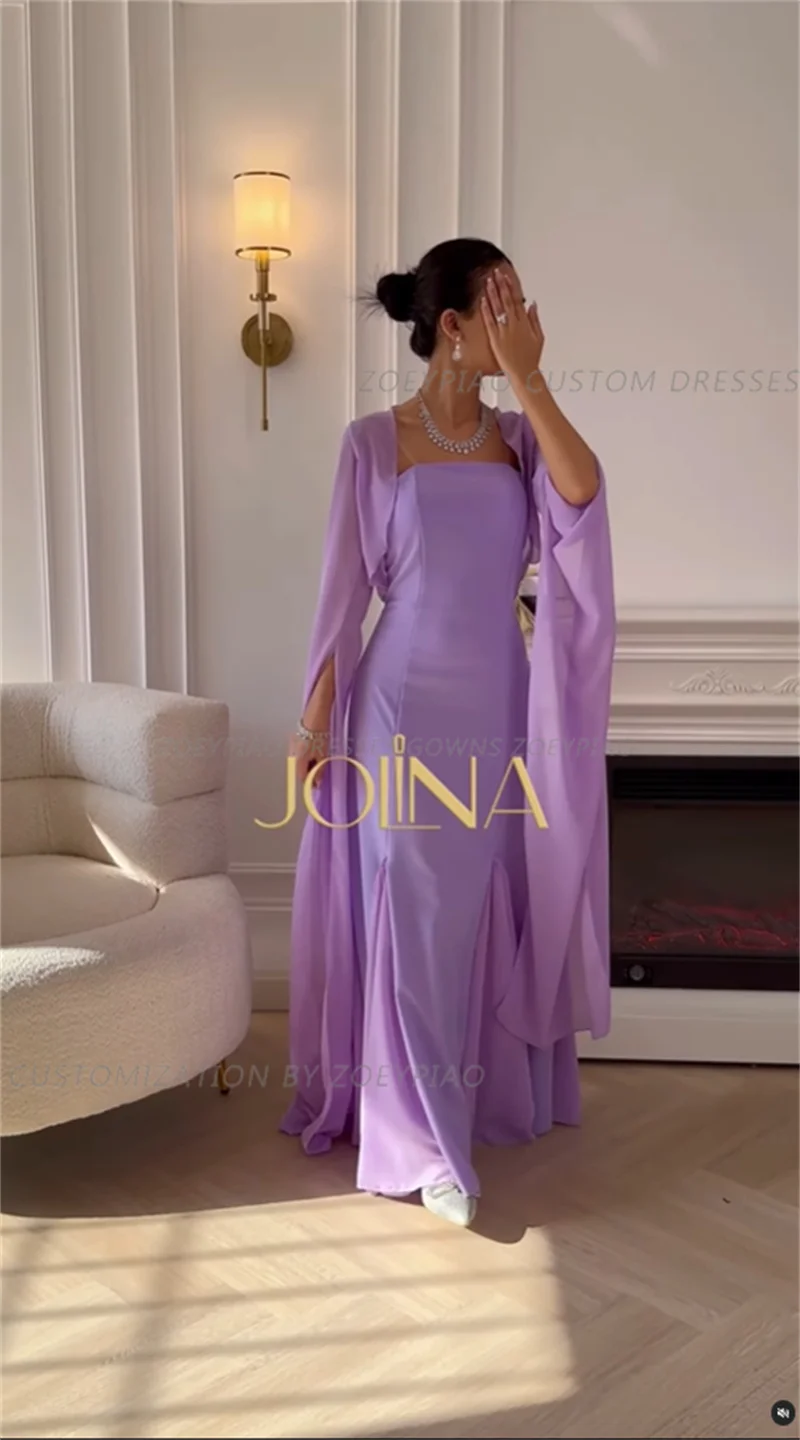 Vestido largo de satén y gasa sin tirantes para mujer, prenda de noche de manga larga con capa, color morado, Formal, para fiesta de boda, Arabia