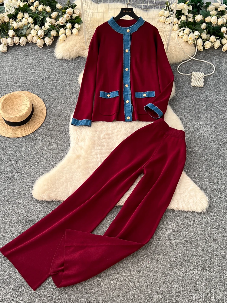 

High Waist Long Sve Denim Patchwork Two-Piece Set Women's Faion Autumn Winter Leisure Vintage Sle Long Pants Top