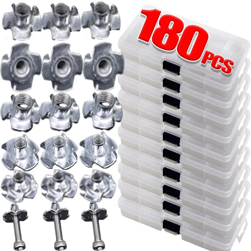 

180/90PCS Galvanized Four-Claw Nuts Woodworking Tools Captive Pronged Insert Tee Nut Inserts M3/M4/M5/M6/M8 Hardware Fasteners