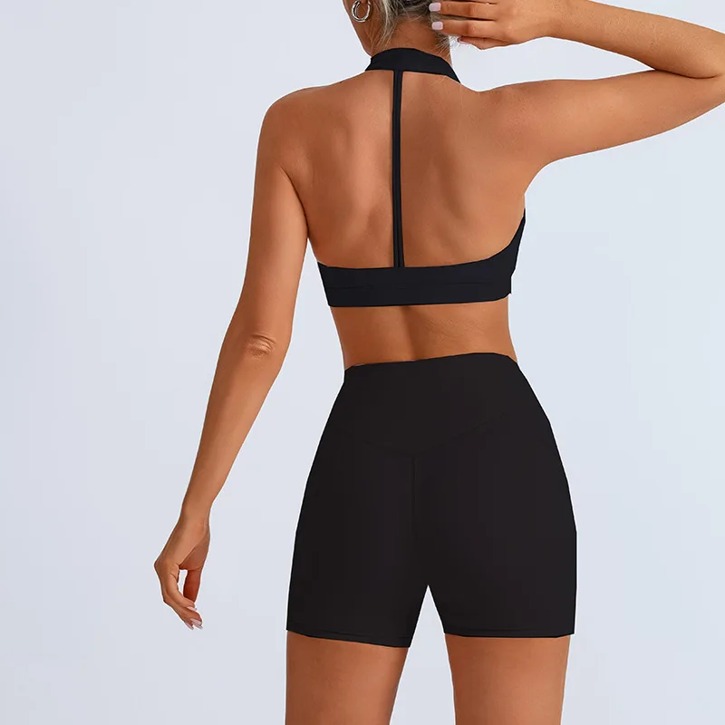 

Gym Clothes Woman Sport Bra Open Back Yoga Shorts Two Pieces Set Gym Tracksuit Pink Black Running Training Fitness Clothes