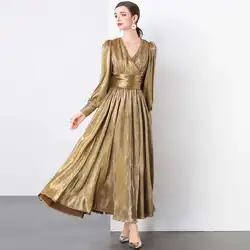Autumn Winter Solid Golden Long Sleeve Maxi Dress Women Sexy V Neck Big Hem Ball Gown Party Evening Dresses Lady