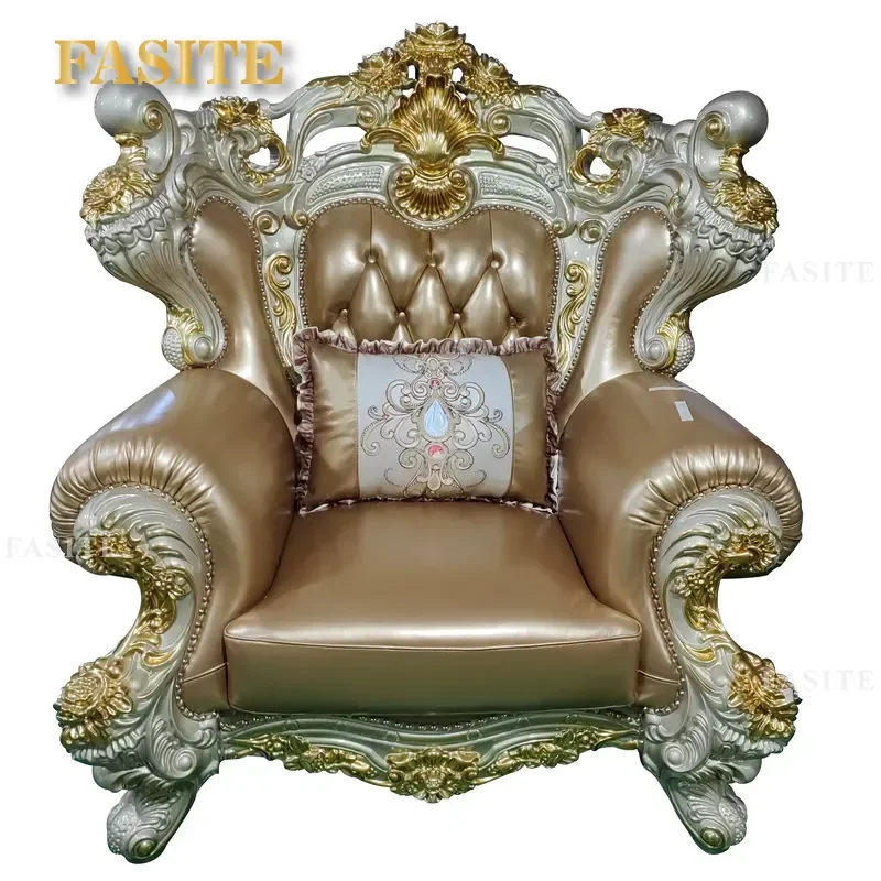 For European Royal Style Living Room Solid Wood Carved Leather Sectional Sofa Set 1 2 4 Seater Luxury Couch Furniture