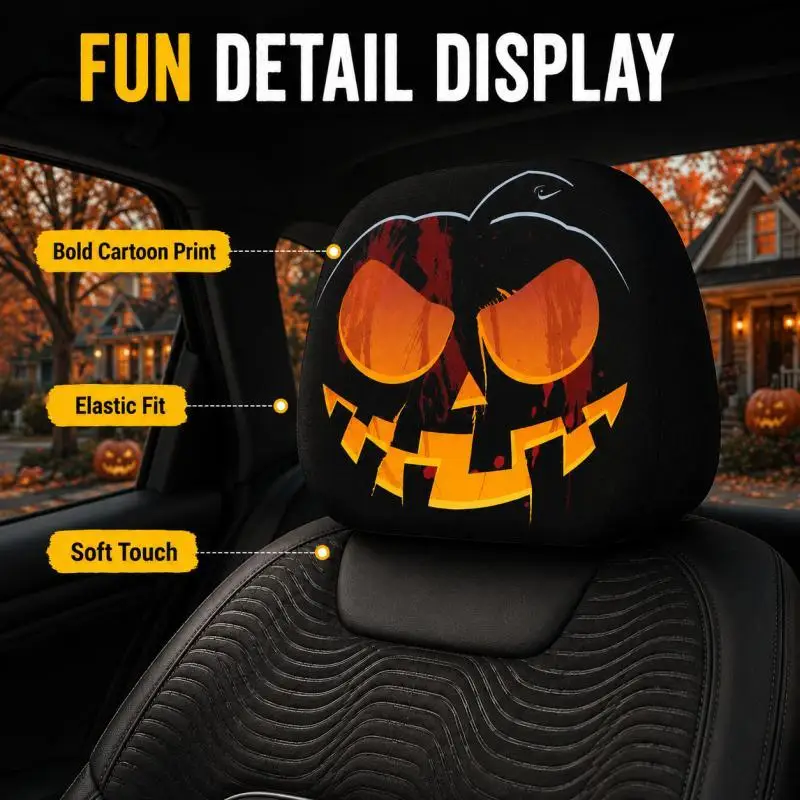 2PCS Halloween Pumpkin Car Headrest Covers, Jack O Lantern Auto Headrest Covers, Universal Car Interior Decor for SUV Sedan