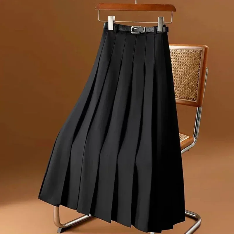 Fashion Grey Casual All Match A Line Skirts Elegant Black Midi Skirts Women Vintage High Waist Pleated Skirt Streetwear Korean