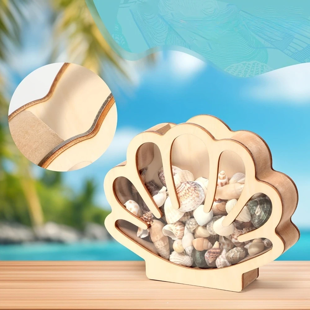 7.09*5.91 Inch Seashell Display Box Wooden Seashell Collection Storage with Acrylic Window Shell Shaped Nail Polish Storage Box