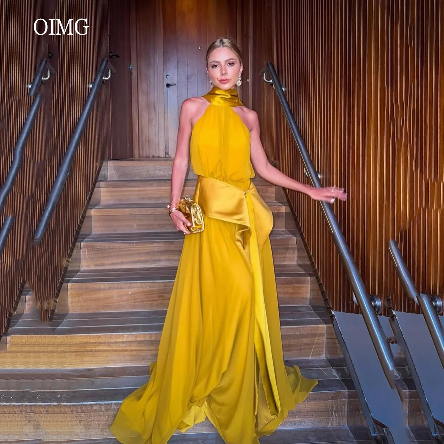 

OIMG Холтер Желтое трапециевидное платье для выпускного вечера без рукавов Вечернее платье длиной до пола Вечернее платье Vestidos de festa по индивидуальному заказу