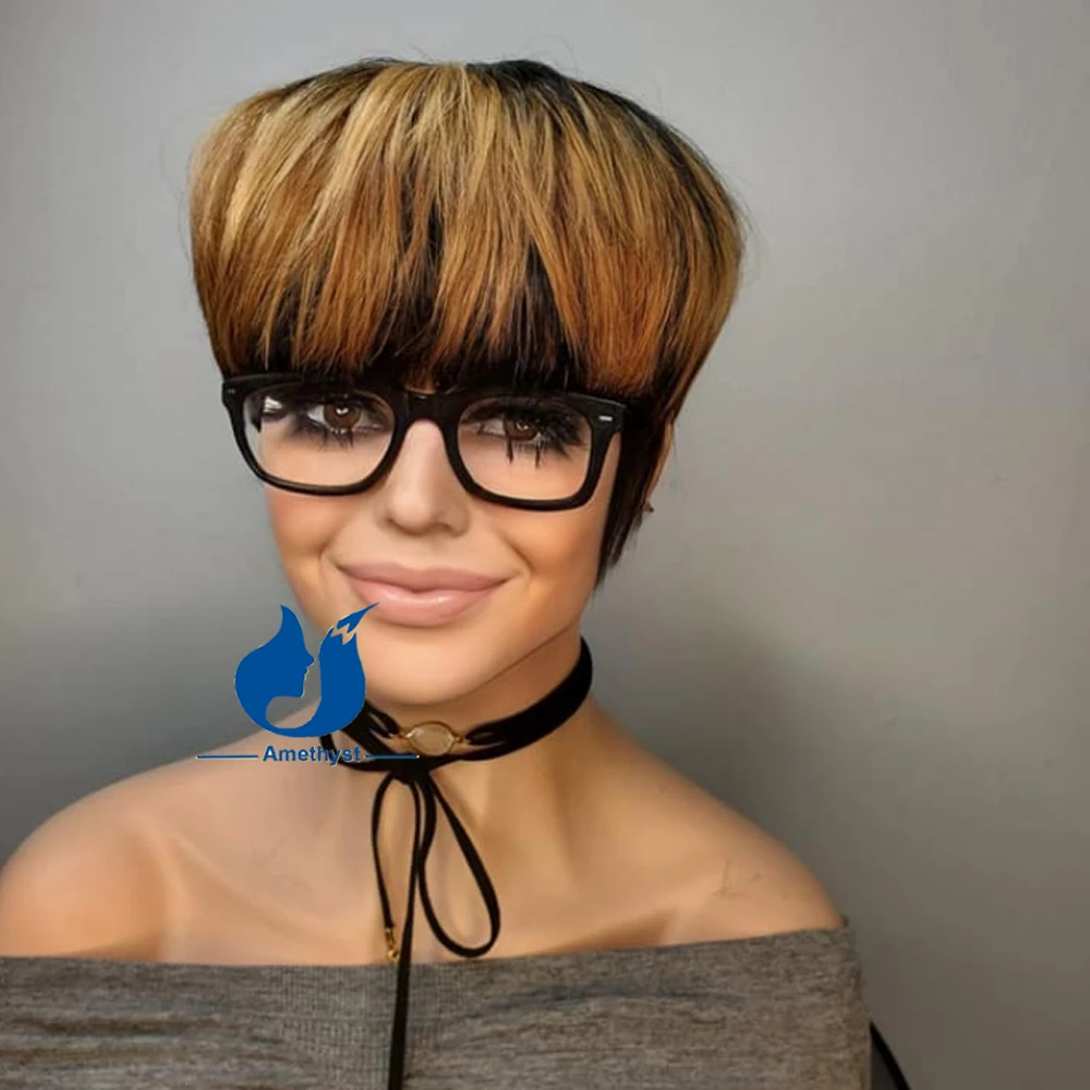 Rambut manusia potongan pendek Pixie dengan sorot poni Wig depan Ombre 30 kulit kepala pirang atas lurus pendek Wig sutra dasar tidak ada renda Wig f