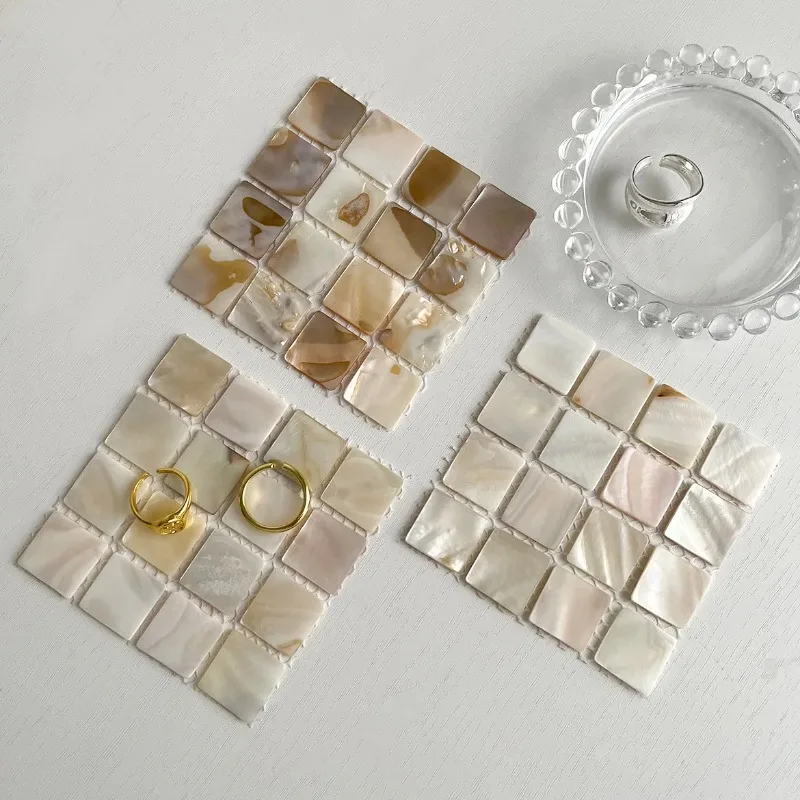 Natural Conch Shell Square Coaster, Mosaic Heat Insulation Coaster, Photography Props, Room Decoration,Ins Mats & Pads